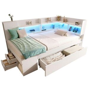 OKWISH DENNÍ postel 90 x 200 cm bílá z MDF, dřevotřísky a překližky s LED osvětlením, USB a úložným prostorem obraz