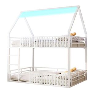 STILVORA PATROVÁ POSTEL 140/200 cm, bílá, kovová, s LED, domečkový design s oplocením obraz