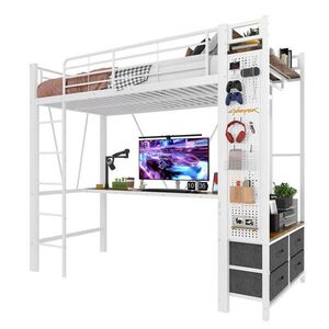 STILVORA PATROVÁ POSTEL 90/200 cm, bílá, se stolem, 4 zásuvkami, policí, LED, USB a Type-C, kovová, moderní obraz