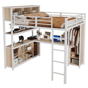 STILVORA HOCHBETT 140/200 cm in Weiß & Natur mit Kleiderschrank, Stauraum und Schreibtisch Metall & Holz obraz