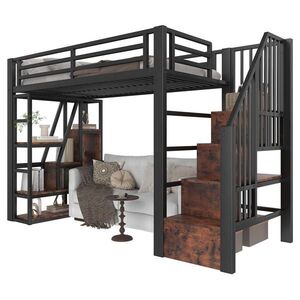 STILVORA HOCHBETT 90/200 cm in Schwarz Kinderbett mit Regal, Stauraumtreppe und LED obraz