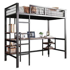 STILVORA ETAGENBETT 90/200 cm in Schwarz & Dunkler Holzfarbe mit Tisch, Regal und 4-Stufen-Leiter Metall-Holz-Design obraz