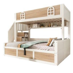 STILVORA ETAGENBETT 90/200 cm & 140/200 cm in Weiß & Natur Kinderbett mit Stauraum, Treppenschrank und Rausfallschutz obraz