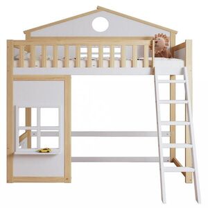 STILVORA ETAGENBETT 90/200 cm in Weiß & Natur mit Treppe, Fallschutz und Dach Kinderbett obraz