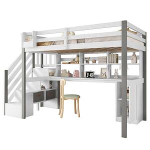 STILVORA HOCHBETT 90/200 cm in Weiß & Grau mit Schreibtisch, Regal und Schublade obraz