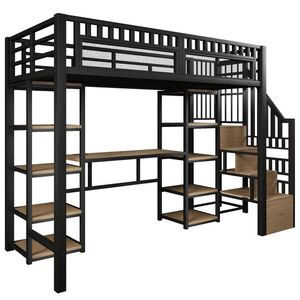 STILVORA HOCHBETT 90/200 cm in Schwarz mit Regal, Schreibtisch, LED und USB obraz