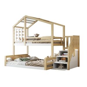 STILVORA ETAGENBETT 90/200 cm & 140/200 cm in Natur Kinderbett mit Stauraumtreppe und Geländer im Hausdesign obraz