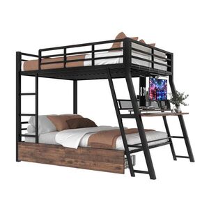 STILVORA HOCHBETT 140/200 cm in Schwarz mit 2 Schubladen, LED und Schreibtisch Metall Design obraz