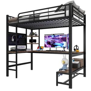 STILVORA HOCHBETT 90/200 cm in Schwarz mit Schreibtisch, Regal, LED und USB/Type-C obraz