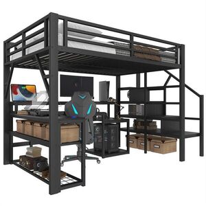 STILVORA HOCHBETT 140/200 cm in Schwarz mit Schreibtisch, Regal, Stauraum, LED und USB im Metall-MDF-Design obraz