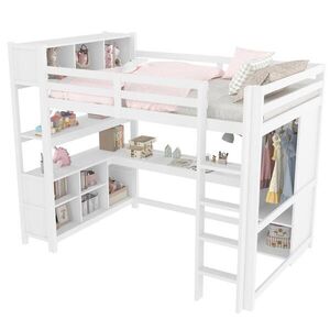 STILVORA HOCHBETT 140/200 cm in Weiß mit Regal, Schreibtisch und Kleiderschrank aus Kiefernholz obraz