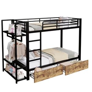 STILVORA ETAGENBETT 90/200 cm in Schwarz mit 2 Schubladen, Regalen und LED obraz