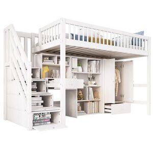 STILVORA HOCHBETT 90/200 cm in Weiß Kinderbett mit Treppe, Schreibtisch und Kleiderschrank obraz