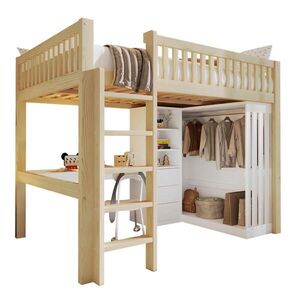 STILVORA HOCHBETT 140/200 cm in Natur mit Schreibtisch, Kleiderschrank, 3 Schubladen und Treppe obraz