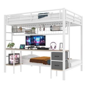 STILVORA HOCHBETT 140/200 cm in Weiß mit Schubladen, Regal, LED und USB obraz