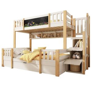 STILVORA ETAGENBETT 90/200 cm & 140/200 cm in Weiß & Natur mit Schubladen, Regal und Leiterschrank Massivholz-Design obraz