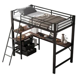 STILVORA ETAGENBETT 90/200 cm in Schwarz & Dunkle Walnuss Kinderbett mit 3 Schubladen, Schreibtisch und Regal obraz