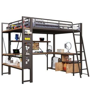 STILVORA HOCHBETT 140/200 cm in Schwarz mit Schreibtisch, Stauraum, Regal, LED und USB obraz