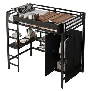 STILVORA ETAGENBETT 90/200 cm in Schwarz mit Tisch, Kleiderschrank und Regal Metall-Holz-Design obraz