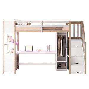 STILVORA HOCHBETT 90/200 cm in Weiß & Natur mit Schreibtisch, Kleiderschrank, LED und Steckdose obraz