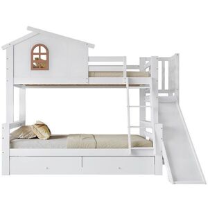 STILVORA ETAGENBETT 90/200 cm & 120/200 cm in Weiß mit 2 Schubladen, Rutsche und Fenstern obraz