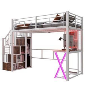STILVORA HOCHBETT 90/200 cm in Weiß mit LED, Schreibtisch, Kleiderschrank und Ablageleiter obraz