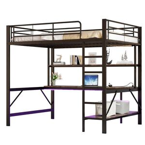 STILVORA HOCHBETT 140/200 cm in Schwarz mit Schreibtisch, Regal, LED und USB obraz