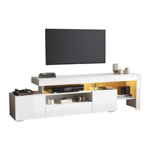 Modfu TV stolek z dřevotřísky 192x37x53 cm bílý s LED osvětlením, vysokým leskem a 3 výklopnými dvířky obraz
