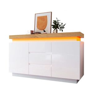 Modfu KOMODA z dřevotřísky 140x81x39 cm bílá s LED osvětlením, 2 dvířky, 3 zásuvkami a nastavitelnými policemi obraz
