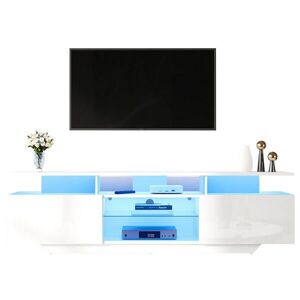 Modfu TV stolek z MDF a tvrzeného skla 160x40x45 cm bílý s LED osvětlením, 2 skříňkami a 8 úložnými plochami obraz
