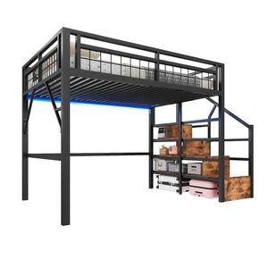 OKWISH PATROVÁ postel 140/200 cm černá z kovu a MDF s LED osvětlením a úložnými schody obraz