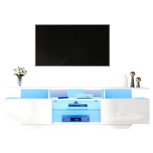 Redom TV stolek 160/40/45 cm s LED osvětlením ovládaným přes aplikaci, 2 skřínkami a tvrzeným sklem, Bílá obraz