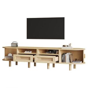 Redom TV stolek 170/40/40 cm se 2 zásuvkami, 2 posuvnými dvířky a ratanovým dekorem, světlý dub obraz