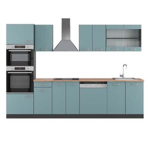 Vicco KUCHYŇSKÝ KOUT R-Line Modrošedá 300 cm s vysokou skříní, PD Dub obraz