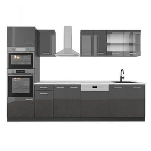 Vicco KUCHYŇSKÝ KOUT R-Line Antracitový vysoký lesk 300 cm s vysokou skříní, PD Mramor obraz