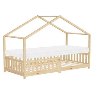 ML-DESIGN POSTEL VE TVARU DOMU s matrací 90 x 200 cm, výška 10 cm, přírodní borovicové dřevo s ochranou proti vypadnutí obraz