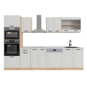 Vicco KUCHYŇSKÝ KOUT R-Line Bílý venkovský dům/zlatý dub 300 cm s vysokou skříní, PD Mramor obraz