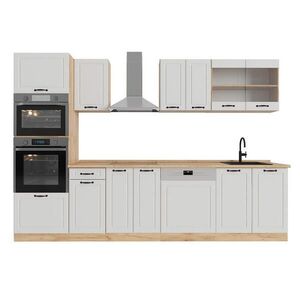 Vicco KUCHYŇSKÝ KOUT R-Line Bílý venkovský dům/zlatý dub 300 cm s vysokou skříní, PD Dub obraz