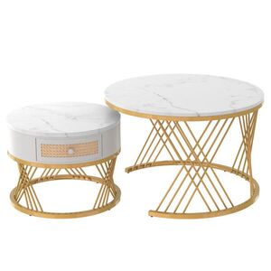 STILVORA SET KONFERENČNÍCH STOLŮ v bílé a zlaté barvě se zásuvkami a mramorovým dekorem, 70×70×45, 5 cm obraz