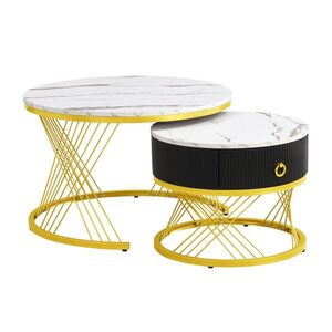 STILVORA SET KONFERENČNÍCH STOLŮ v bílé barvě se zásuvkami a zlatým dekorem do obýváku, 70×70×45 cm obraz