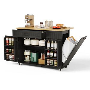 STILVORA KUCHYŇSKÝ OSTRŮVEK v černé barvě se sklopnou pracovní deskou a kolečky, 130×45(70)×93 cm obraz