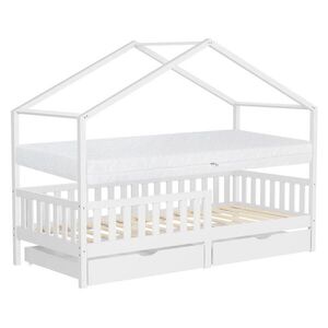 ML-DESIGN DĚTSKÁ POSTEL ve tvaru domečku s matrací 90x200 cm a 2 zásuvkami, bílá, z borového dřeva obraz