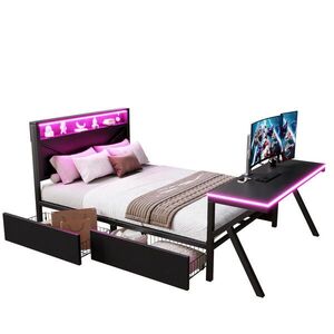 OKWISH PATROVÁ postel 140/200 cm černá z MDF a kovu s LED čelem, LED stolem a zásuvkami obraz
