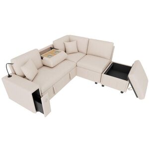 OKWISH ROZKLÁDACÍ rohová pohovka 213/184/88 cm béžová z lnu s úložným pufem, lampou a USB nabíjením obraz