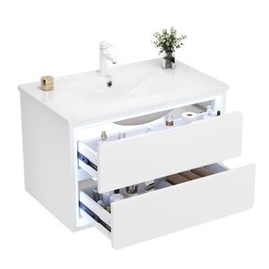 Modfu ZÁVĚSNÁ koupelnová skříňka z MDF 76x46x48, 5 cm bílá s keramickým umyvadlem, LED senzorovým osvětlením a 2 zásuvkami obraz