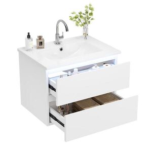 OKWISH ZÁVĚSNÁ skříňka s umyvadlem 61/46/45 cm bílá z MDF a keramiky s LED radarovým osvětlením obraz