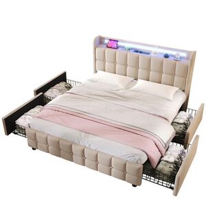 ČALOUNĚNÁ postel 160x200 cm béžová se 4 zásuvkami, lamelovým roštem, LED osvětlením a USB portem obraz
