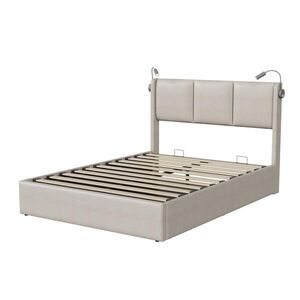 EuroLiving ČALOUNĚNÁ postel 160x200 cm, moderní, úložný prostor, čtecí lampička, funkce nabíjení přes USB, lněná šedá obraz