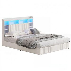 ČALOUNĚNÁ postel 160x200 cm béžová s LED osvětlením, bed boxem a nabíjecí stanicí USB-C obraz