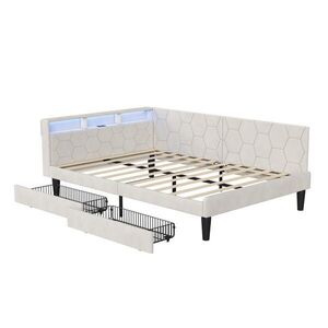 EuroLiving ČALOUNĚNÁ postel 140x200 cm, denní lůžko se 2 zásuvkami, LED a USB, manželská postel s úložným prostorem v čele, béžová obraz